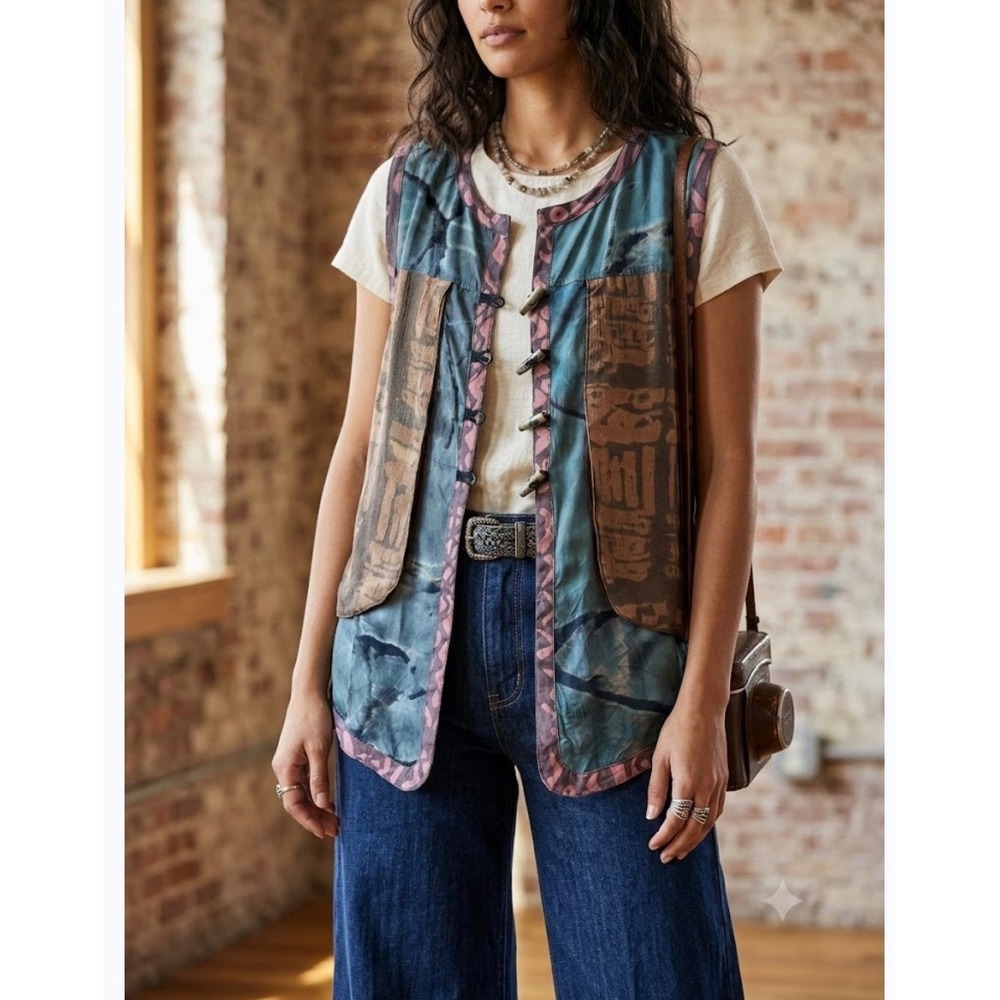Jagadi Batik Rayon Vest Art to wear teal Brown Abstract Print Toggle Closure b4